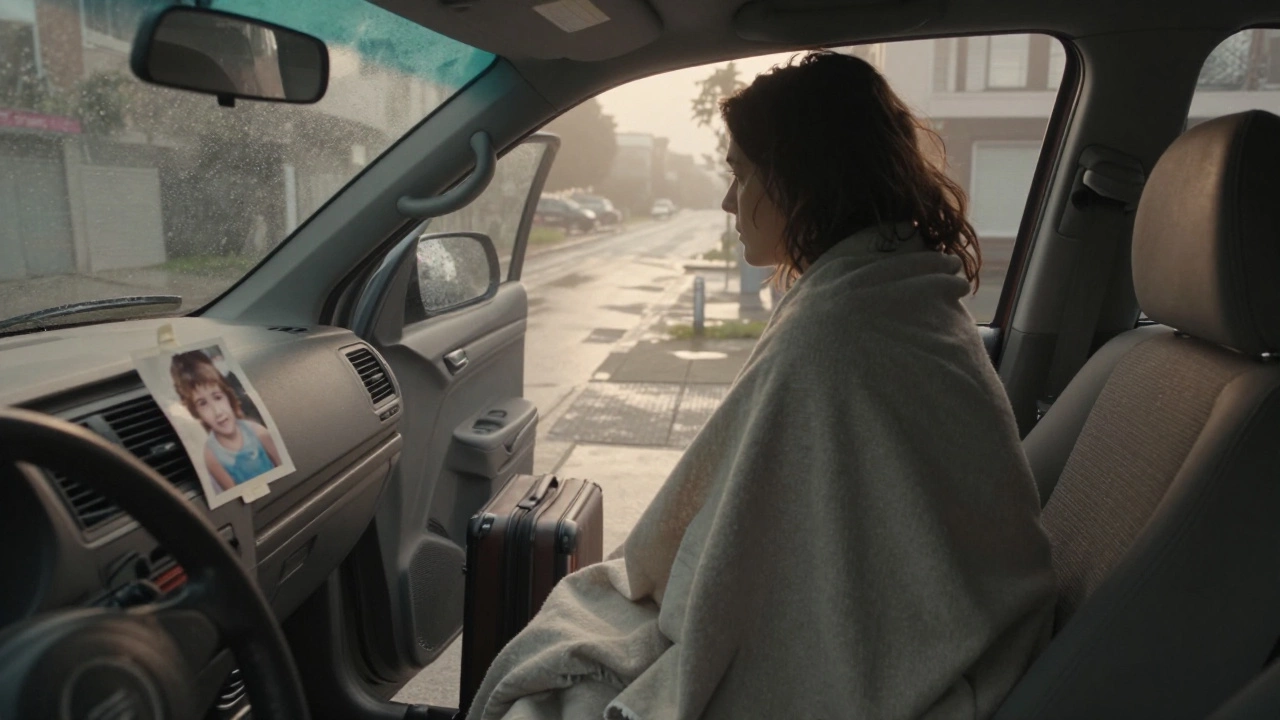 A woman sleeps in her car at dawn, a child&#039;s photo taped to the dashboard, rain falling outside.
