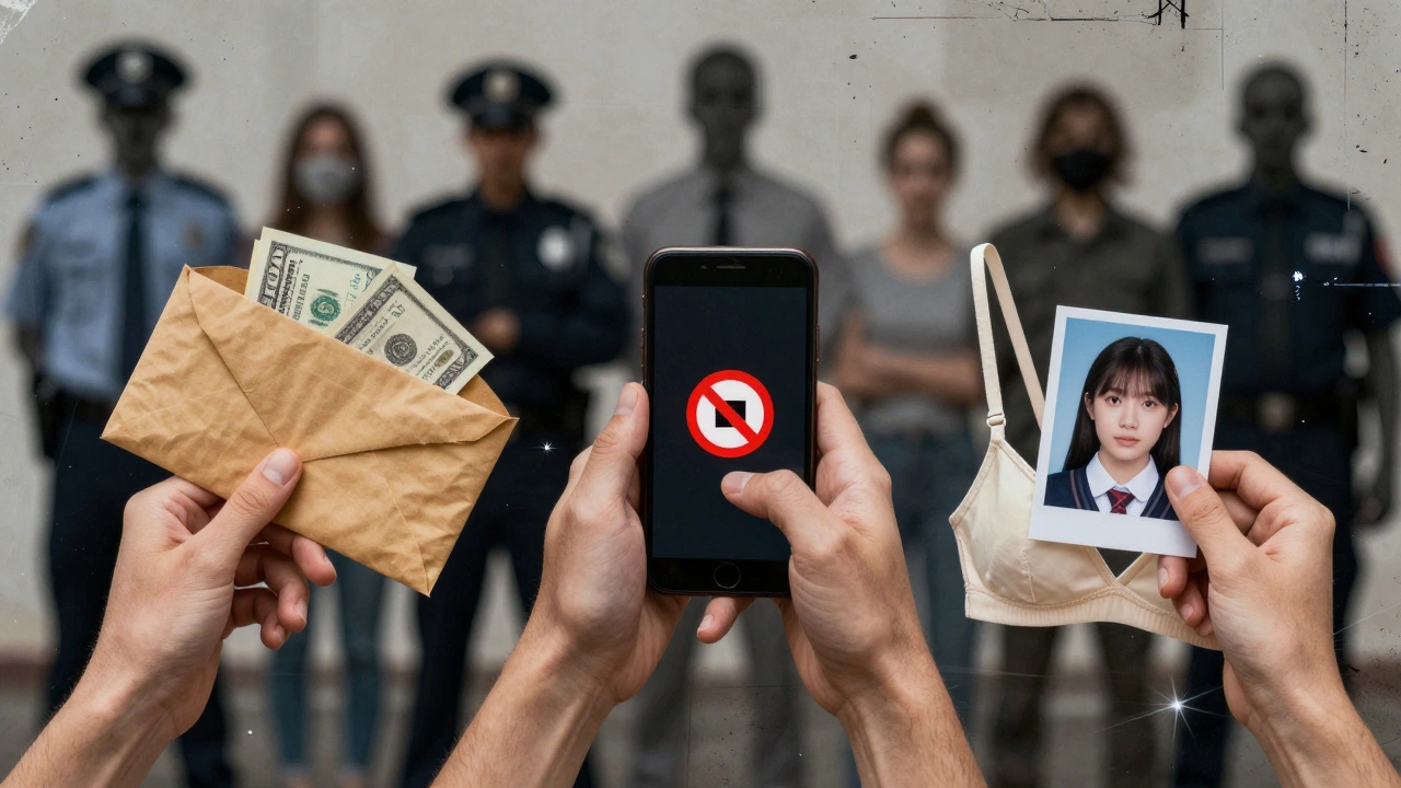 Fragmented hands holding cash, a phone, and a school photo, surrounded by ghostly silhouettes of systems that fail her.